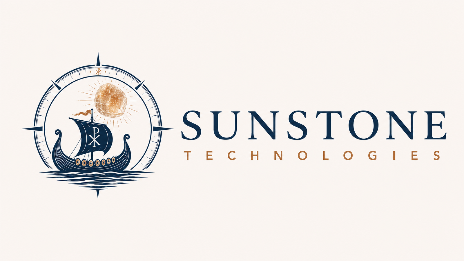 Sunstone Technologies logo with Viking ship, Chi Rho, compass border, and sunstone motif